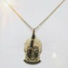 Collier sautoir doré bouddha en acier inoxydable et perles en verre noires.